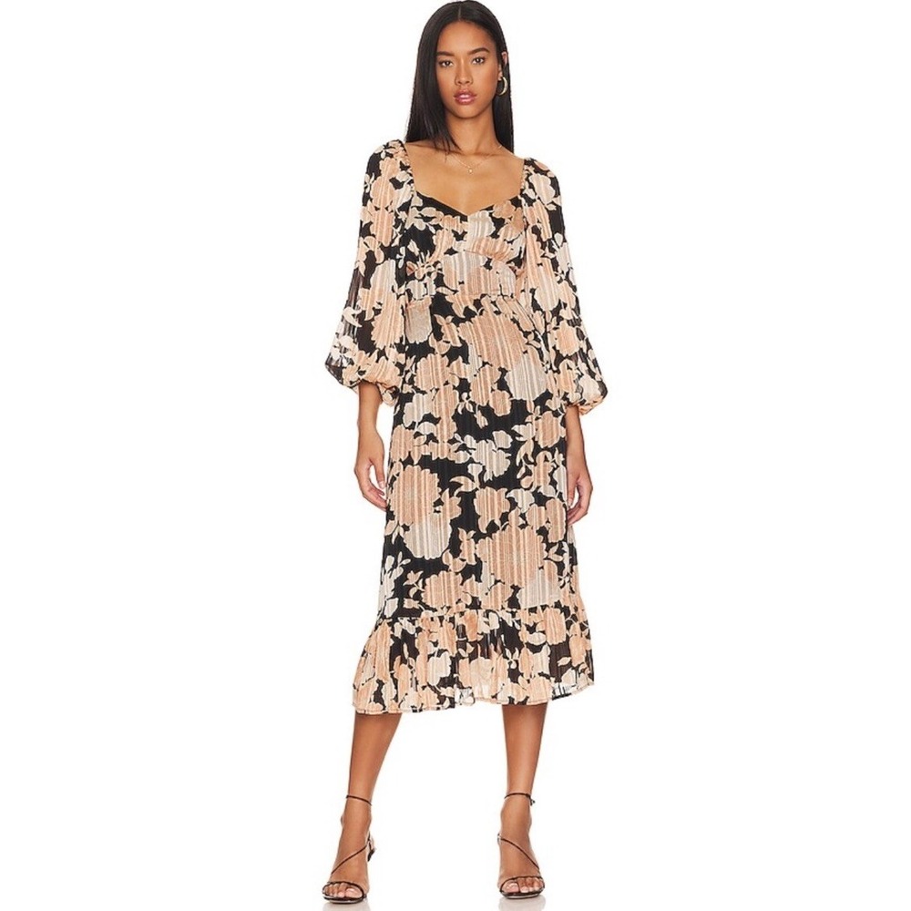 NWT MINKPINK Bonnie Midi Dress Bohemian Black Peach Floral Metallic Pinstriped S